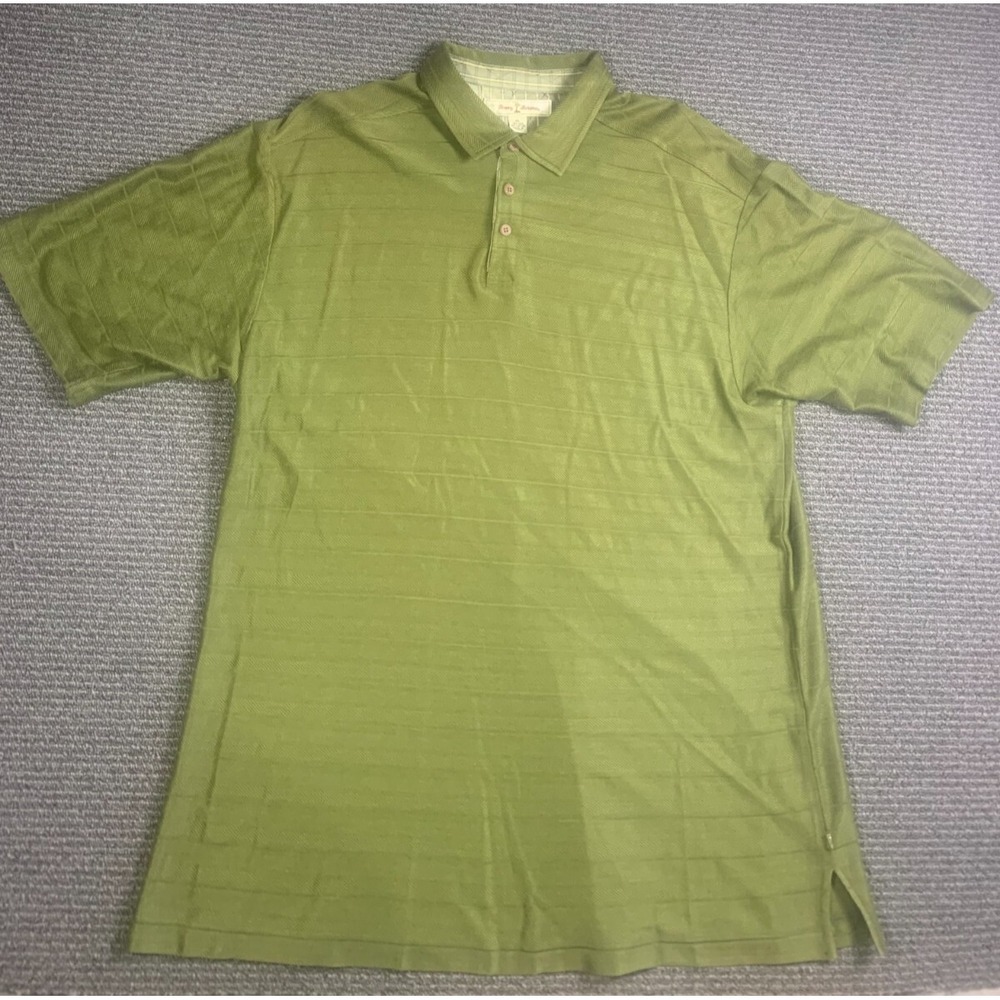 Tommy Bahama Mens XL Silk Golf Polo Shirt Striped Green Retro Short Sleeve